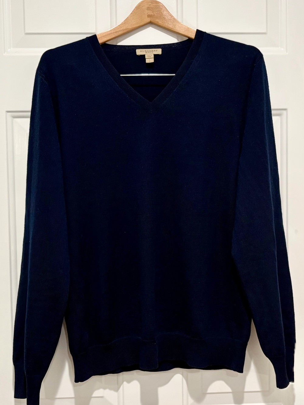 Burberry Brit 100% Wool Men's Navy V-neck with Elbow Patches,  dark academia, L